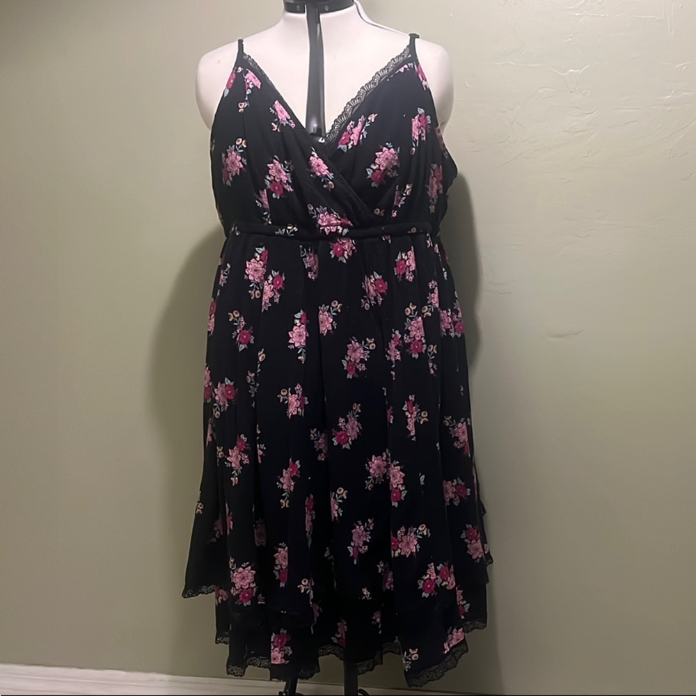 Floral Black and Pink Dress Asymmetrical Hem